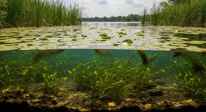 Side-by-side comparison of a diverse native aquatic plant community with multiple species — coontail, wild celery, native pondweeds, and native emergent plants — versus a dense hydrilla monoculture that excludes all other species