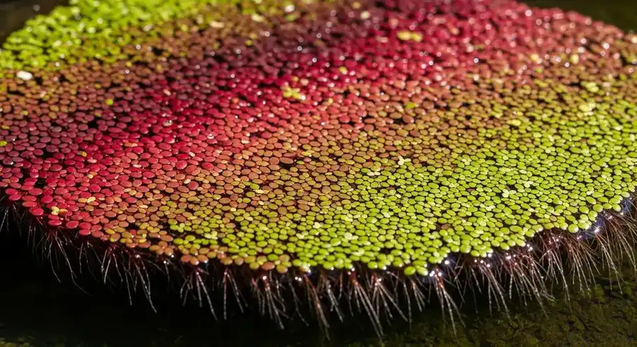 Azolla water fern forming reddish-purple carpet on pond surface — harbors nitrogen-fixing cyanobacteria