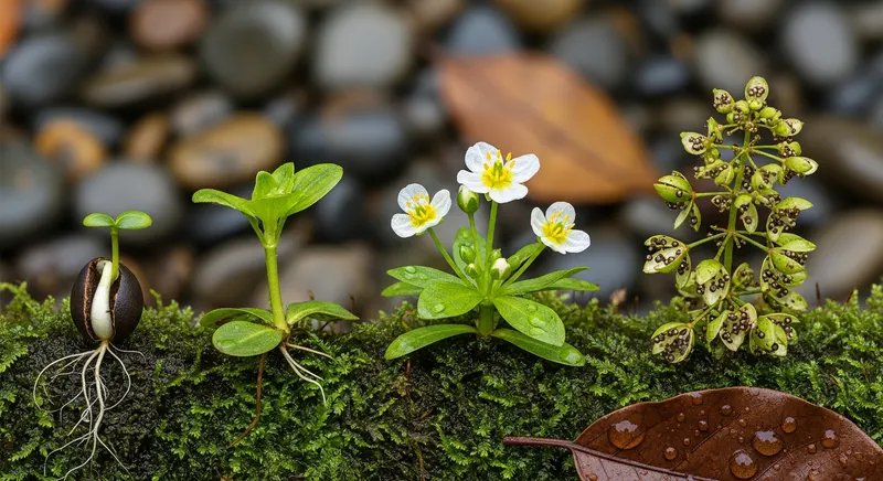 Aquatic weed lifecycle stages from seedling through mature plant showing key growth phases