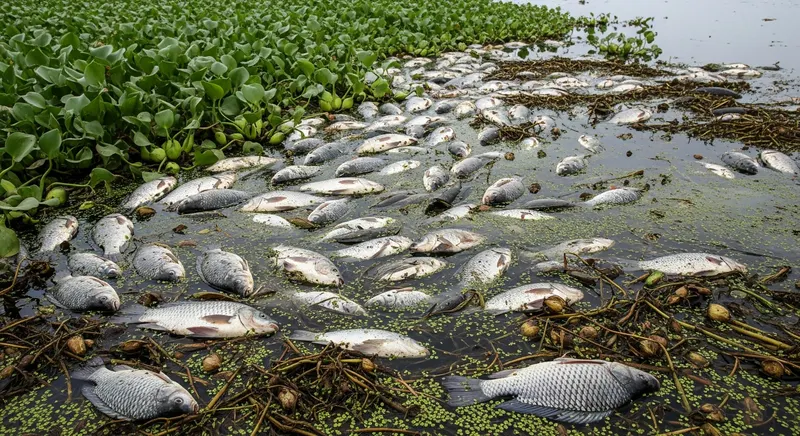 Graph showing daily dissolved oxygen cycles in a heavily vegetated lake: high afternoon supersaturation during photosynthesis followed by a steep overnight decline to potentially lethal levels near dawn