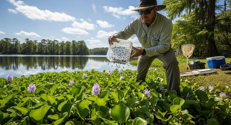 Aquatic biologist releasing biological control insects onto water hyacinth plants at a Florida lake for invasive species suppression