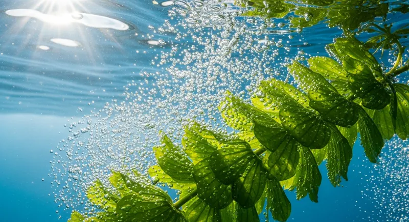 Diagram showing aquatic plant photosynthesis — submerged plant using dissolved CO2 and filtered light with oxygen bubble release