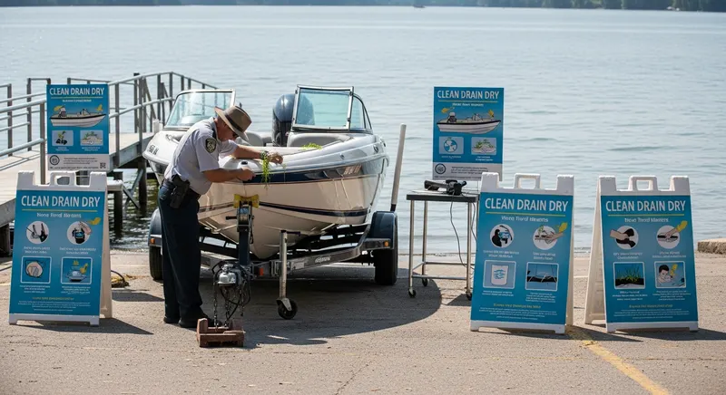 Boat inspection station at a lake access ramp with inspector checking trailered boat for aquatic plant fragments before launch