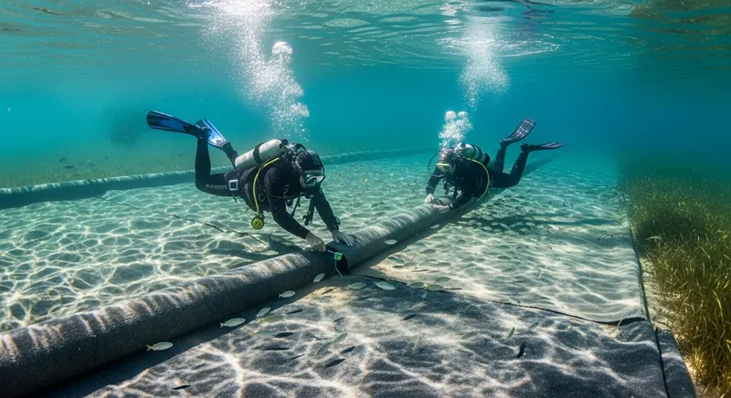 Divers installing bottom barrier fabric in a shallow clear lake to block submerged aquatic weed growth, light filtering through water
