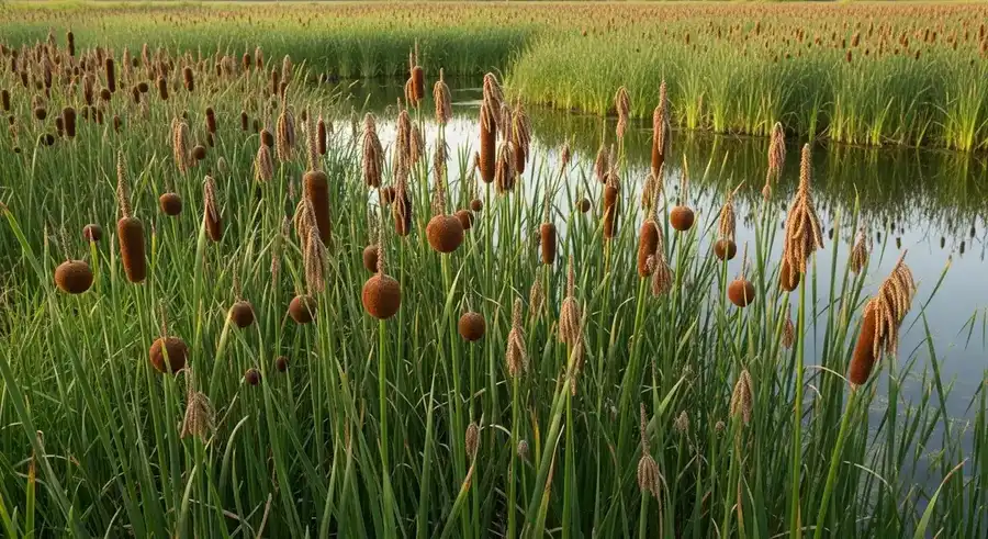 Bulrush (Schoenoplectus spp.) native emergent sedge with triangular stems and drooping spikelet clusters