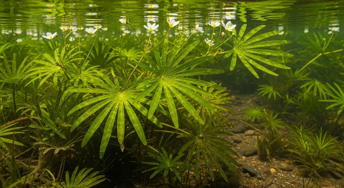 Cabomba or fanwort (Cabomba caroliniana) invasive submerged weed with distinctive fan-shaped divided leaves