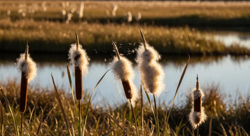 Cattail (Typha) brown seed heads bursting open in autumn releasing fluffy white wind-dispersed seeds, golden hour light at freshwater marsh