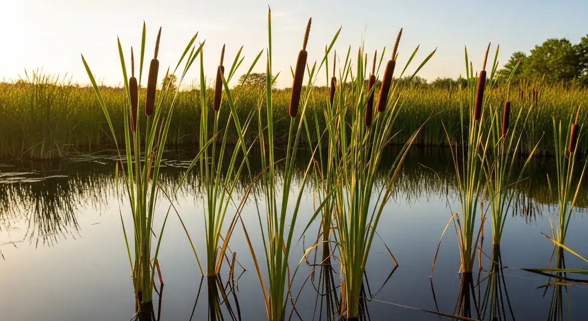 Broadleaf cattails Typha latifolia stand in a freshwater marsh at golden hour