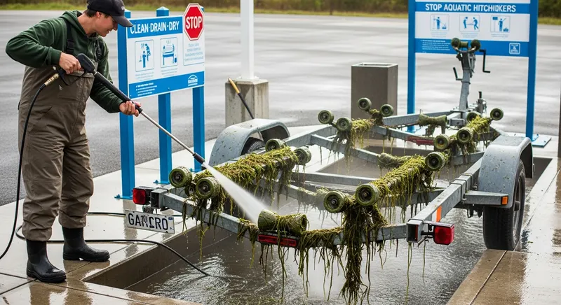 Homeowner cleaning aquatic plant material from boat trailer at a decontamination station using a pressure washer, invasive species prevention