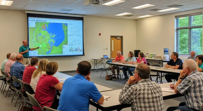 Community meeting with lake manager presenting aquatic weed management data and maps to engaged local residents