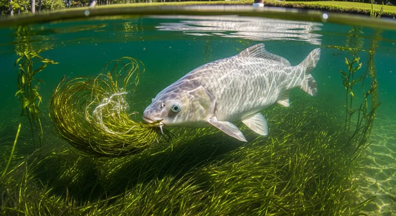 Triploid grass carp feeding on submerged aquatic vegetation in a managed pond, showing the large silver-white fish characteristic of white amur