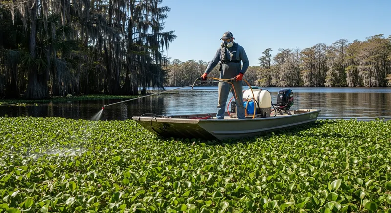 Aquatic herbicide application from a professional treatment boat, with buffer zones and water use restriction signage visible