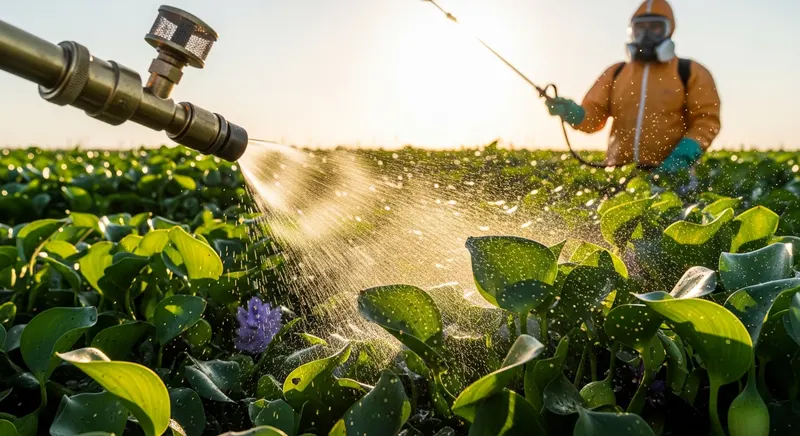 Close-up of aquatic herbicide spray nozzle treating water hyacinth mat on a Florida waterway