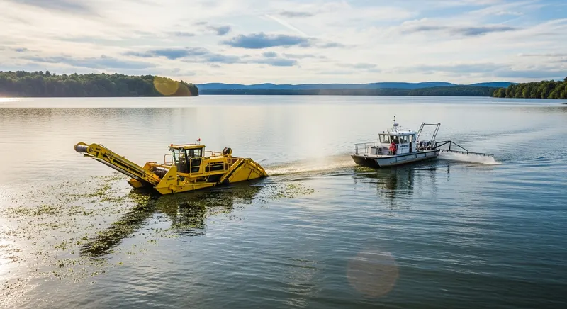 Cross-section diagram showing benthic barrier installation: fabric mat anchored to lake bottom with stakes, covering the sediment surface to exclude light and suppress aquatic weed growth