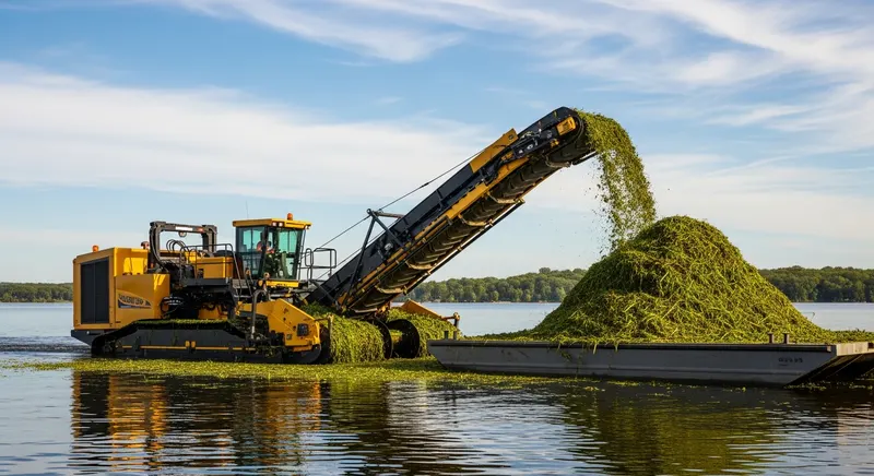 Mechanical aquatic weed harvester cutting and collecting submerged aquatic vegetation, with conveyor belt moving cut material to the harvester deck