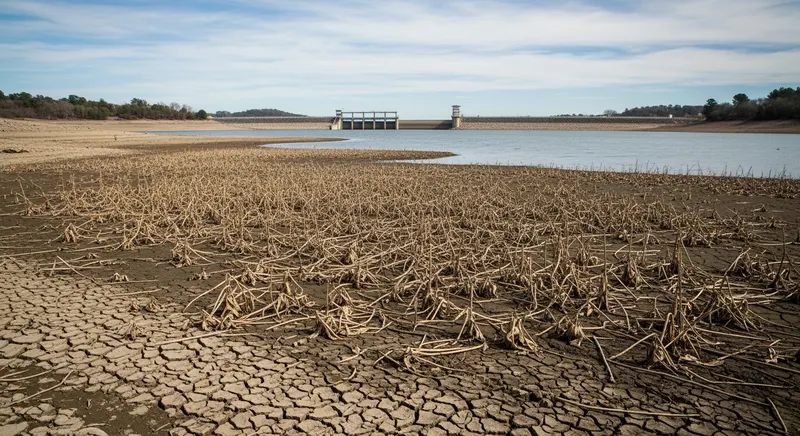 Water drawdown showing exposed lake bottom — management technique for emergent weed control