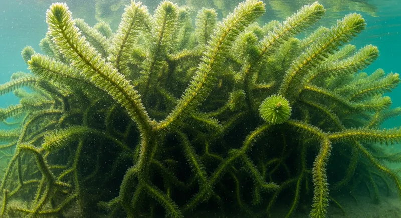 Dense coontail (Ceratophyllum demersum) bushy rootless stems with stiff bristly whorled leaves forming a thick submerged mass in clear freshwater