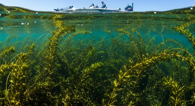 Angler navigating a small bass fishing boat through dense coontail beds visible through clear lake water, recreational impact of aquatic weeds