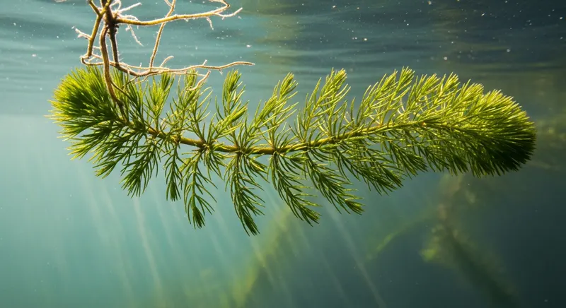 Coontail (Ceratophyllum demersum) rootless plant freely suspended in sunlit clear water, showing fine forked leaf whorls with no root attachment