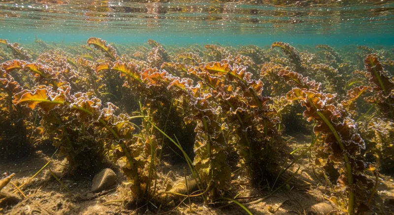 Curly-leaf pondweed (Potamogeton crispus) underwater showing distinctive crisped serrated leaf margins and reddish-green coloration in shallow lake
