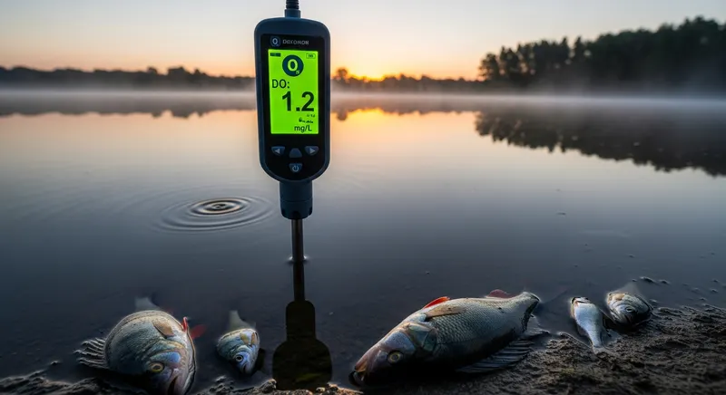 Dissolved oxygen meter probe submerged in a lake at dawn showing critically low oxygen reading, mist rising from the water surface