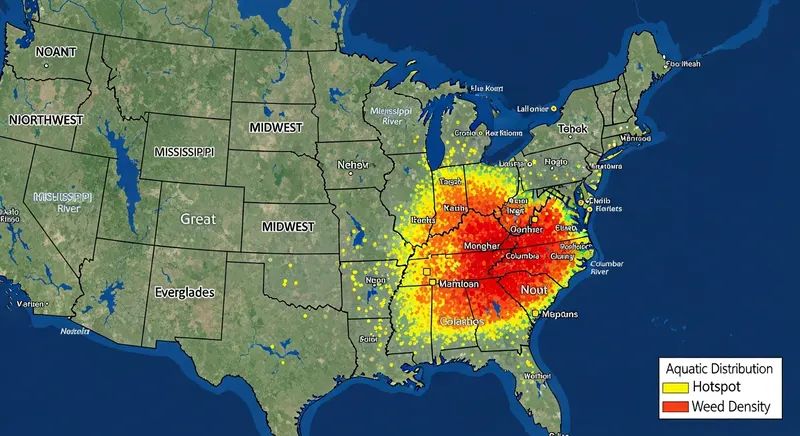 Regional map visualization showing invasive aquatic weed concentration areas across the United States