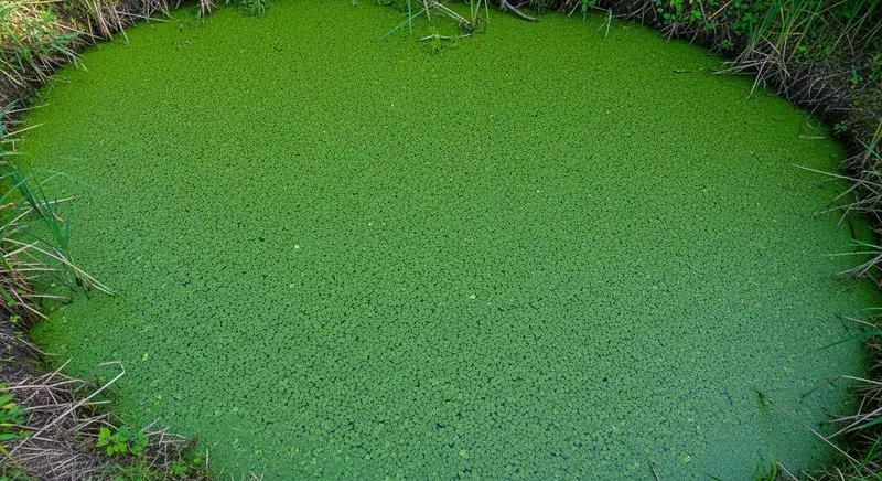 Dense carpet of common duckweed (Lemna minor) completely covering a small freshwater pond surface, vivid green from aerial perspective