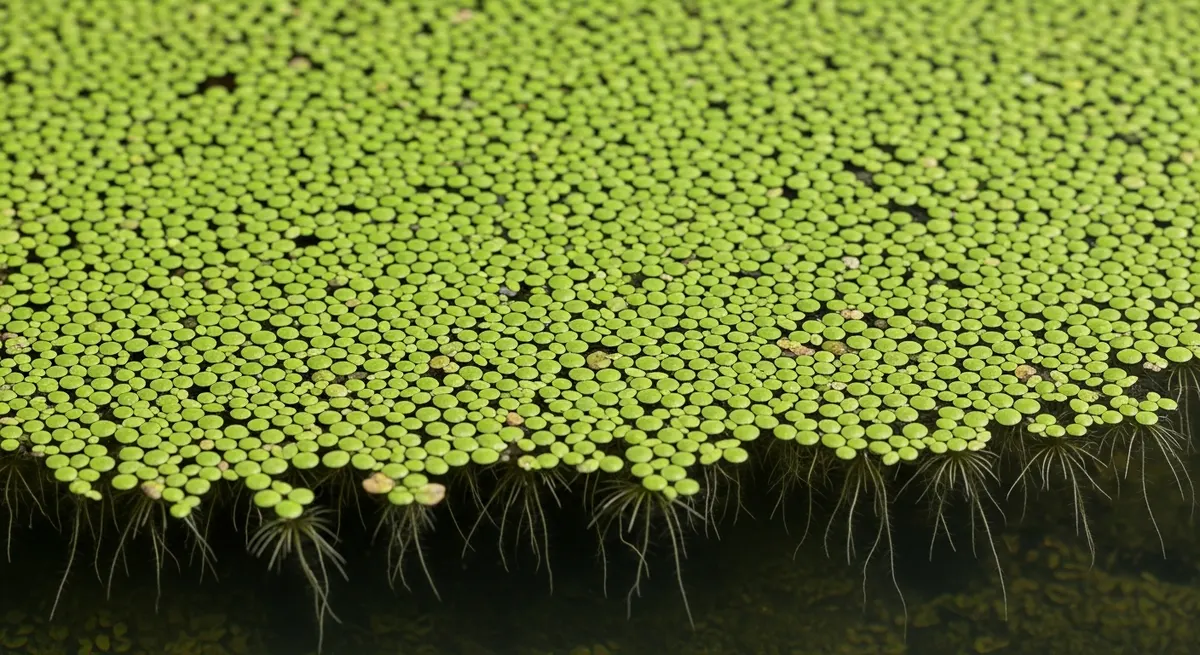 Duckweed (Lemna minor) covering a pond surface with a dense bright green mat, with waterfowl feeding among the floating fronds