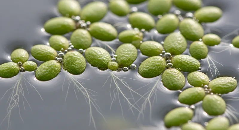 Extreme macro close-up of individual duckweed fronds (Lemna minor) floating on water, 1-5mm scale showing oval fronds and single thread-like roots