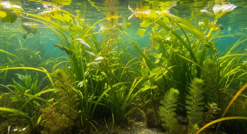 Ecological impact diagram showing how dense aquatic weed infestations deplete oxygen, block sunlight, and degrade fish habitat in lakes and ponds