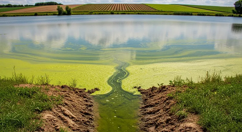 Diagram showing how aquatic weed growth and decomposition affects drinking water quality through taste-and-odor compounds, dissolved organic carbon, and nutrient cycling that triggers algal blooms