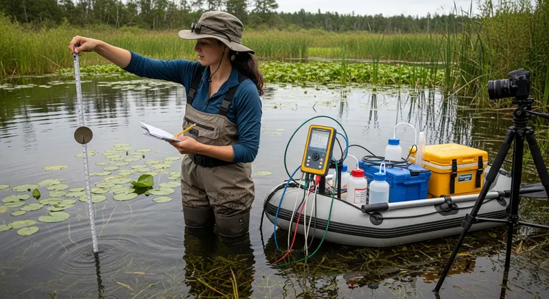 Professional aquatic biologist conducting a point-intercept vegetation survey from a small boat, using a rake sampler to collect submerged plant specimens at sampling stations