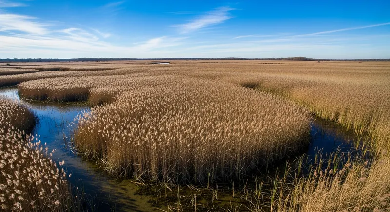 Dense invasive Phragmites australis reed bed overtaking a freshwater marsh shoreline in autumn, tall brown seed heads against sky