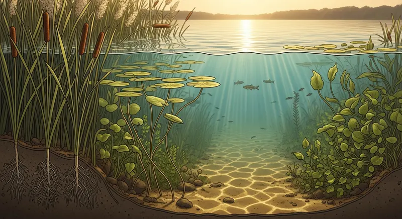 Freshwater lake showing emergent cattails and reeds at shoreline transitioning to submerged plant zones in clear water
