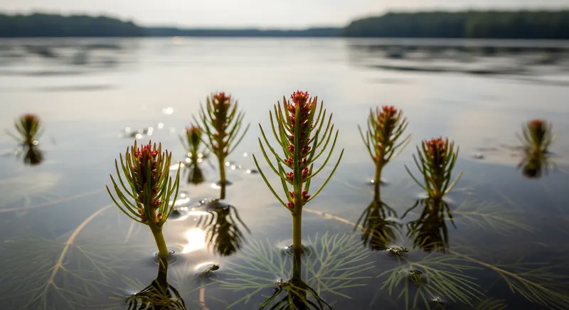 Eurasian watermilfoil emergent stem tips with tiny reddish flower spikes rising above the lake water surface, summer bloom period