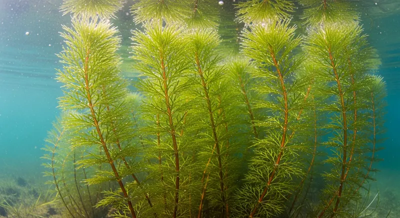 Eurasian watermilfoil (Myriophyllum spicatum) feathery pinnate leaves in whorls around stems photographed underwater in clear freshwater