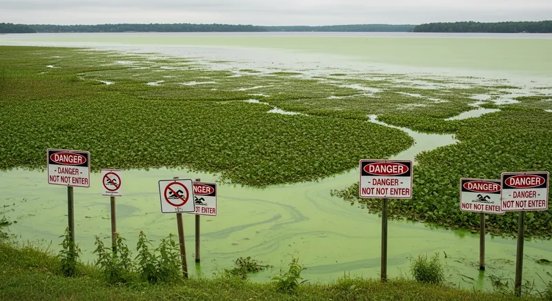 Severely eutrophic lake with bright green algae bloom and dense aquatic weed mats visible from shore, warning signs posted