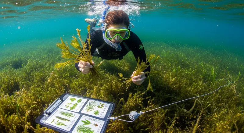 Biologist collecting aquatic plant samples by hand from a submerged weed bed using plant ID reference cards in a clear freshwater lake