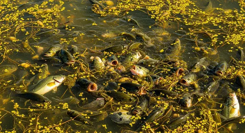 Fish near the surface of an oxygen-depleted eutrophic lake choked with aquatic weeds