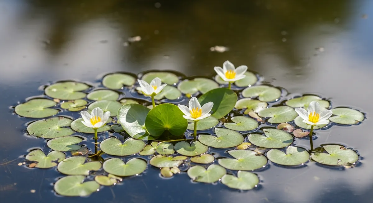American frogbit (Limnobium spongia) floating rosette plant with round heart-shaped leaves resembling miniature water lilies