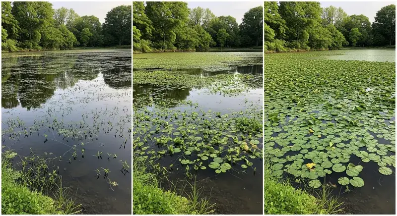 Three-panel montage showing the same pond in early spring (sparse), early summer (moderate), and peak summer (dense closed-canopy mat)
