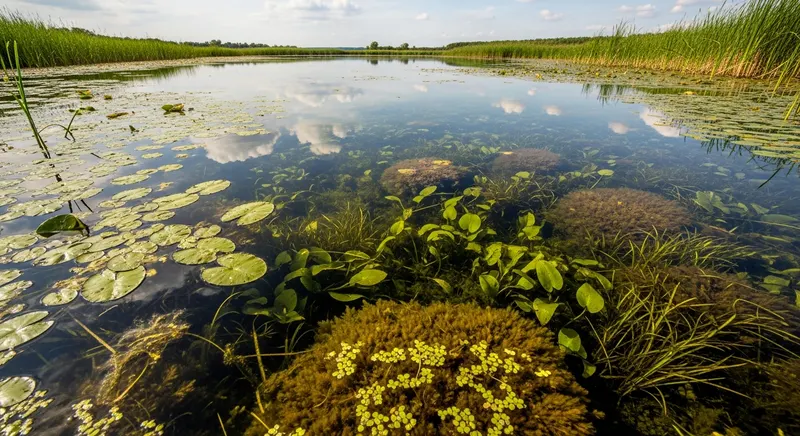 Free-floating aquatic weeds including water hyacinth and duckweed covering a water surface, with no root connection to the sediment