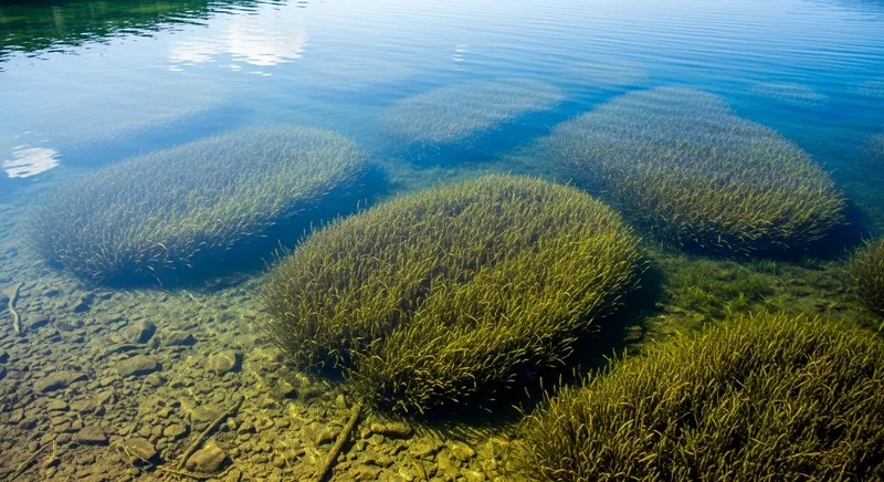 Dense submerged aquatic weed growth in an irrigation canal, showing how thick vegetation mats impede water flow and pose clogging risks to pumps and intake screens