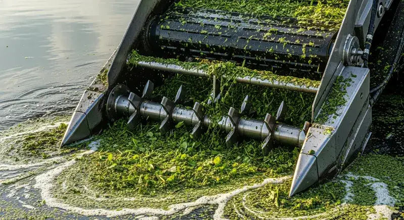 Aquatic weed harvesting machine cutting head submerged at water surface actively collecting green plant material in a recreational lake