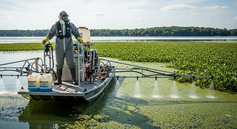 Licensed aquatic herbicide applicator in full PPE operating a spray boom boat treating floating weeds on a lake