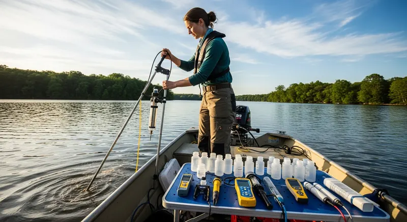 Water quality biologist collecting post-treatment water samples and testing for herbicide residue levels at a lake dock, safety monitoring