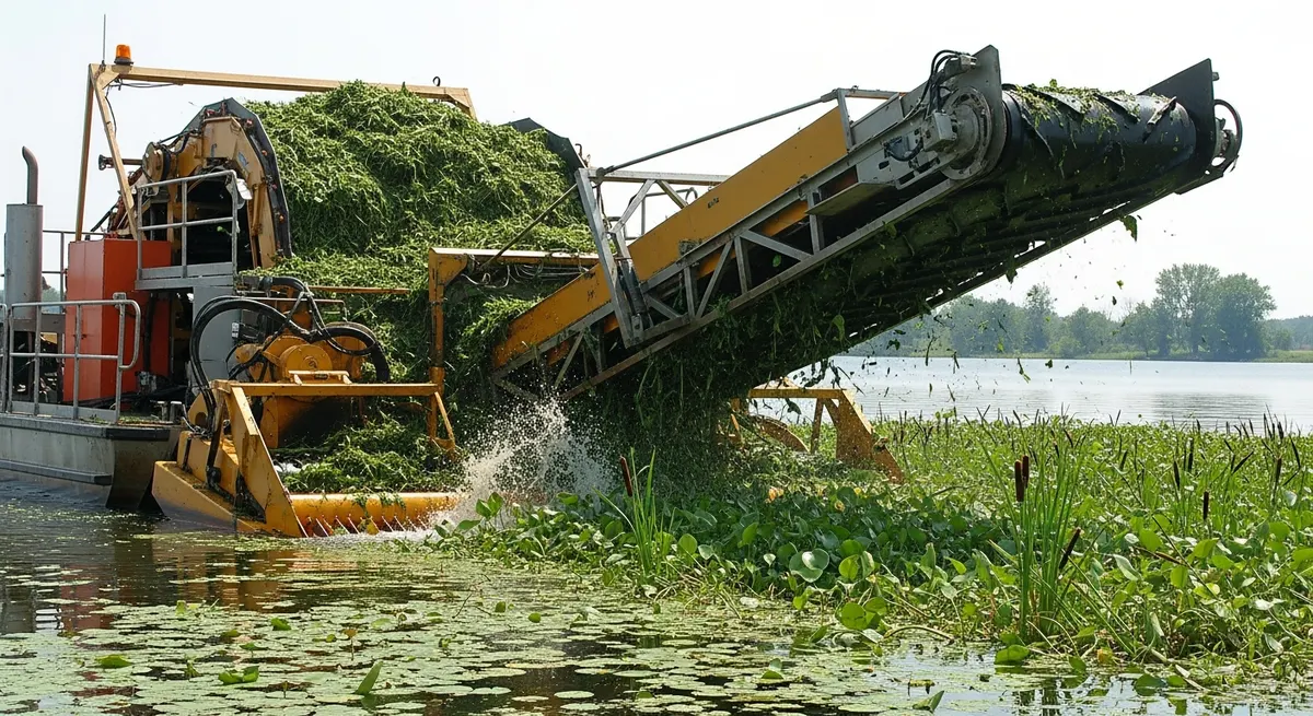 Overview of aquatic weed control methods: mechanical harvesting equipment, herbicide application boat, biological control agents, and physical barriers