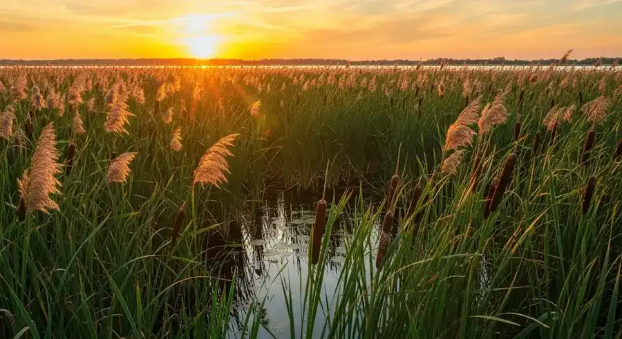 Emergent aquatic weeds hub — cattails, phragmites, bulrush, alligator weed, and other shoreline aquatic plants