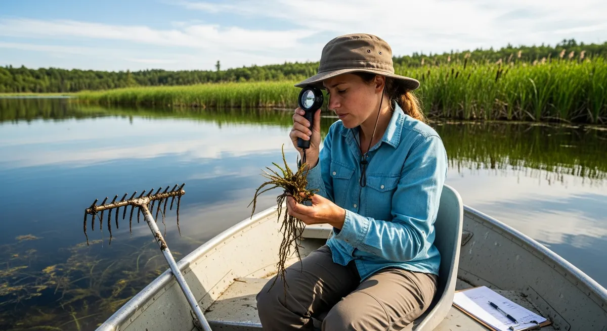 Aquatic weed identification guide showing key diagnostic features for floating, submerged, and emergent plant species
