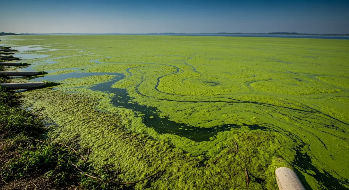 Nutrient dynamics in a eutrophic lake showing how aquatic weed growth, die-off, and decomposition cycle phosphorus and nitrogen through the water column and sediment